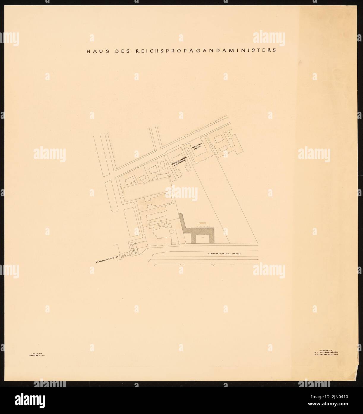 Böhmer Franz (1907-1943), House of the Reich Propaganda Minister Joseph Göbbels in Berlin-Mitte (without dat.): Department plan 1: 1000. Light break on the cardboard, 103 x 96.8 cm (including scan edges) Böhmer & Petrich : Haus des Reichspropagandaministers Joseph Göbbels, Berlin-Mitte Stock Photo