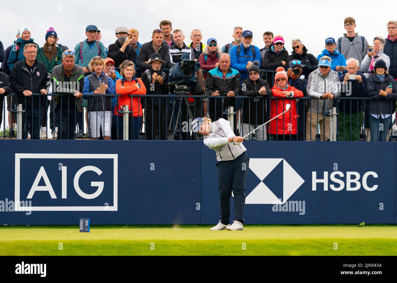 Gullane, Scotland, UK. 7th August 2022. Final  round of the AIG Women’s Open golf championship at Muirfield in Gullane, East Lothian. Pic; Ashleigh Buhai tees off at the 13th hole.   Iain Masterton/Alamy Live News Stock Photo