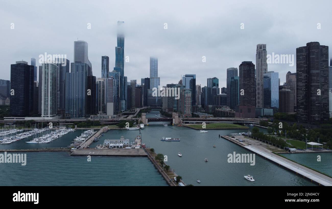 A beautiful shot of skyscrapers against DuSable Harbor in Illinois on a foggy day Stock Photo