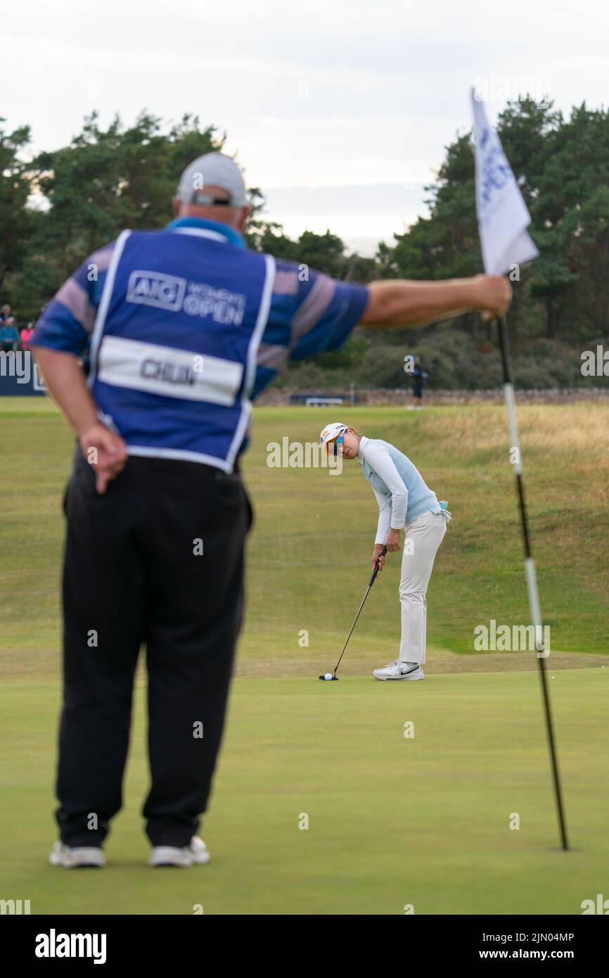 Gullane, Scotland, UK. 7th August 2022. Final  round of the AIG Women’s Open golf championship at Muirfield in Gullane, East Lothian. Pic;  Chun In Gee lines ups her putt on the 16th green. Iain Masterton/Alamy Live News Stock Photo