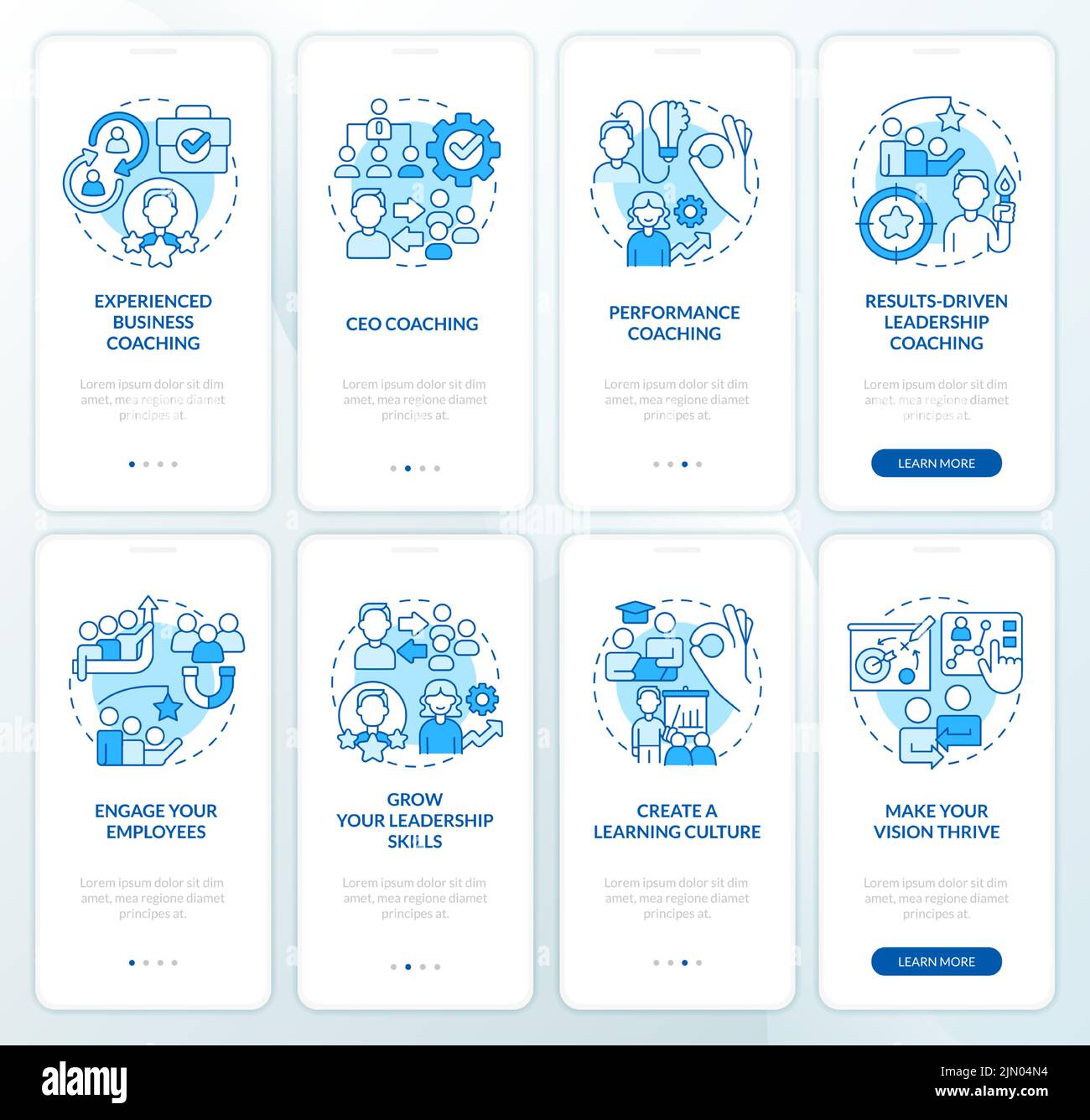 Executive coaching programs blue onboarding mobile app screen set Stock Vector