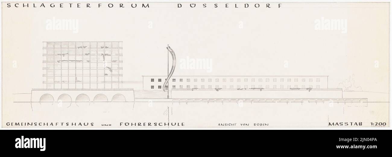 Böhmer Franz (1907-1943), Schlagterforum in Düsseldorf (without date): Community house and school, gym, floor plan 1.-6. OG 1: 500. Pencil on transparent, 35.9 x 108.4 cm (including scan edges) Böhmer Franz  (1907-1943): Schlageter-Forum, Düsseldorf Stock Photo