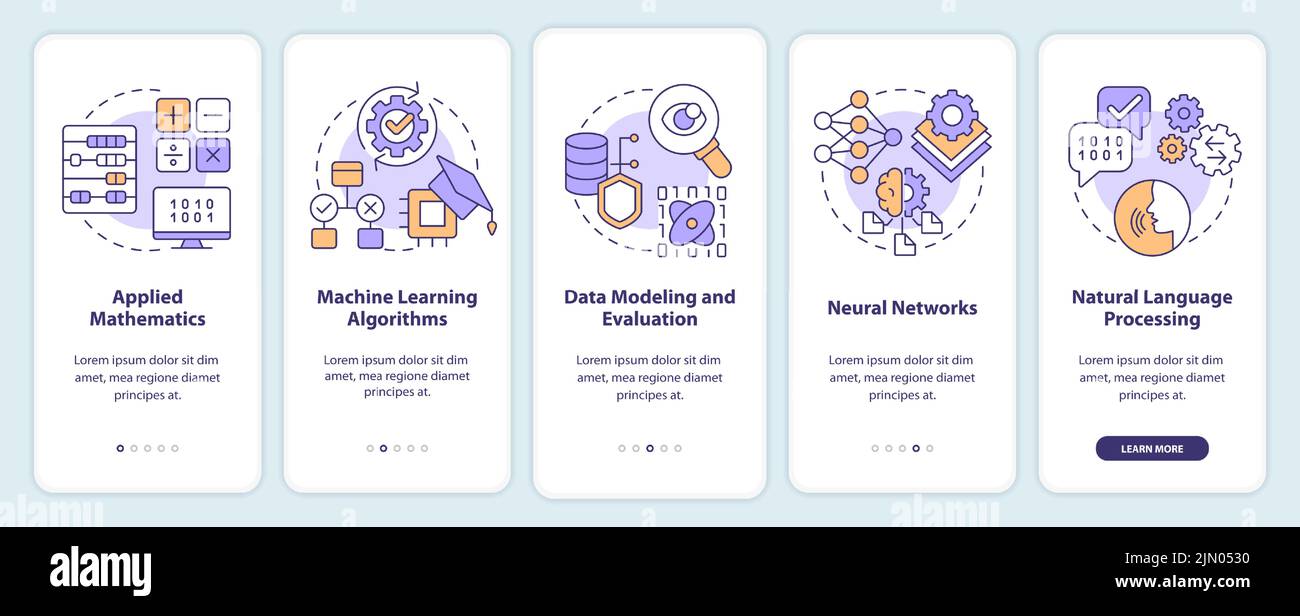 Machine learning engineer skills onboarding mobile app screen Stock Vector