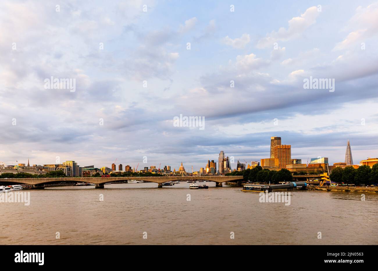 North-east facing view over the RIver Thames and Waterloo Bridge to the City of London and the South Bank in Southwark from St Paul's to the Shard Stock Photo