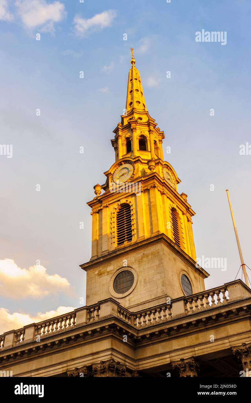 Exterior of S Martins in the Fields church on the corner of Trafalgar Square in the West End of London, City of Westminster WC2 in golden hour light Stock Photo