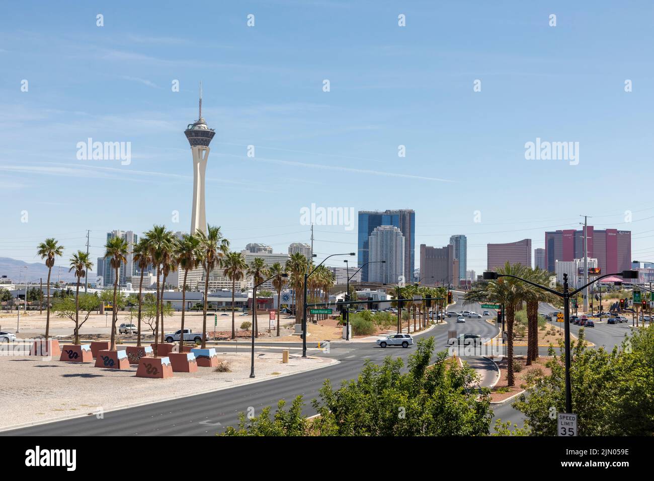 Las Vegas, USA - May 24, 2022: view to skyline of Las Vegas with stratosphere tower and the Strip in background. Stock Photo