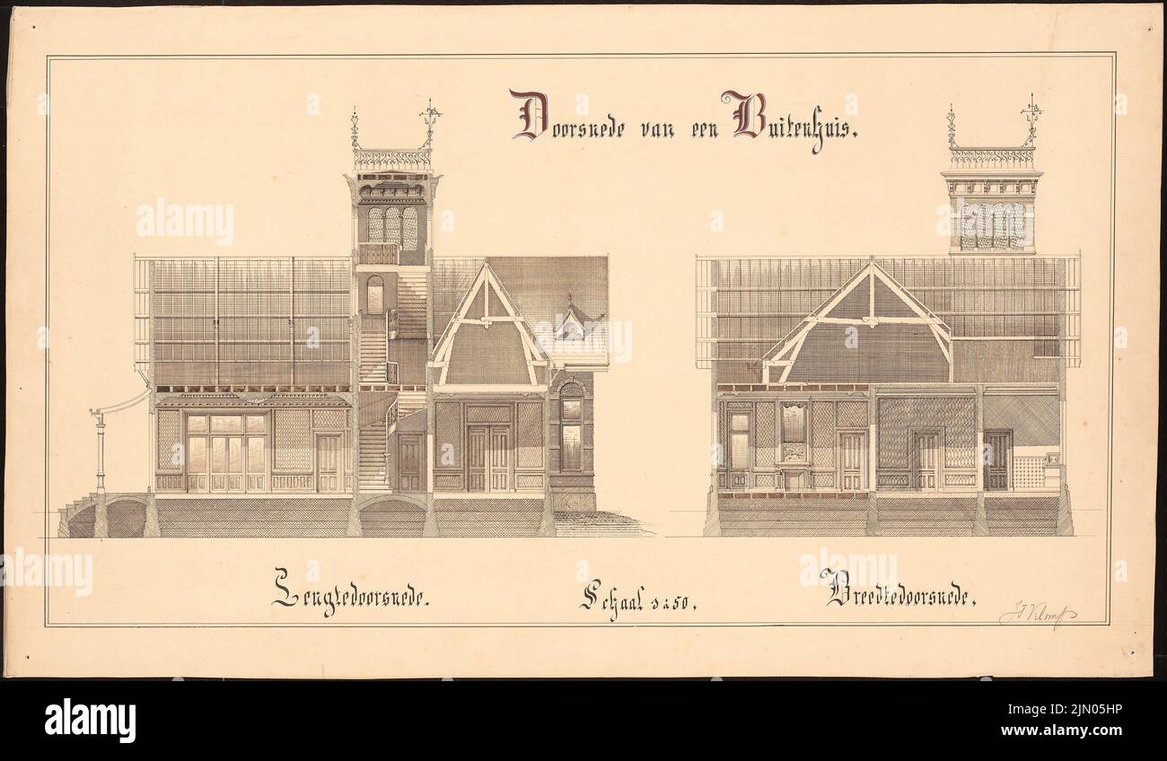 Klomp Johannes Franziskus (1865-1946), residential and commercial buildings (Dutch study work) (1882-1883): Buitenhuis with café, longitudinal and cross-section 1:50. Tusche watercolor on paper, 53.4 x 91.4 cm (including scan edges) Klomp Johannes Franziskus  (1865-1946): Wohn- und Geschäftshäuser (holländische Studienarbeiten) Stock Photo