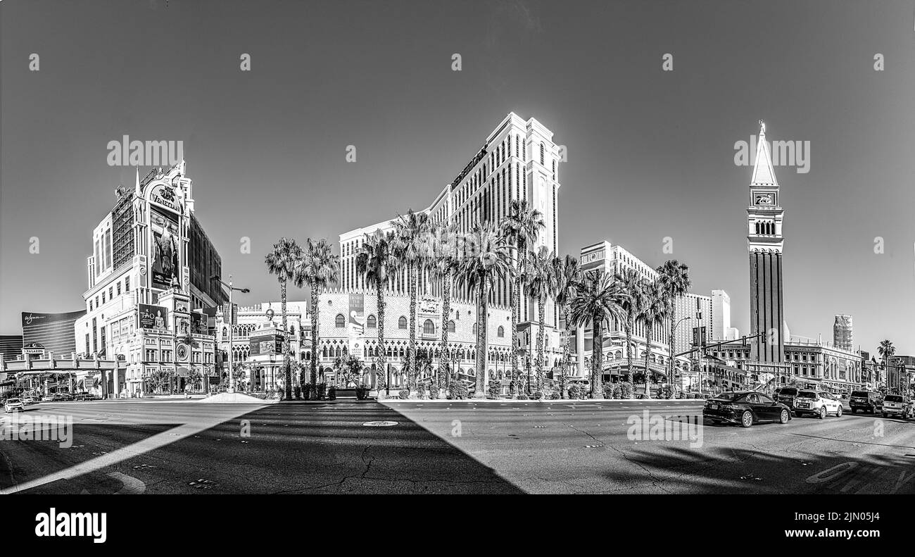 Las Vegas, USA - May 24, 2022: view to hotels and casinos at the Strip in daytime with neon advertising. Stock Photo