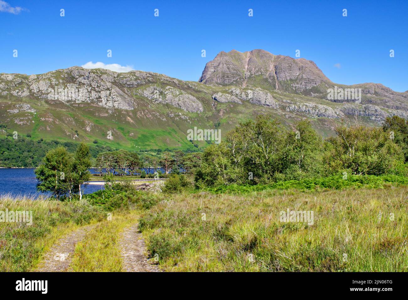 SLIOCH MOUNTAIN WESTER ROSS SCOTLAND IN SUMMER BIRCH TREES AND A BLUE LOCH MAREE Stock Photo