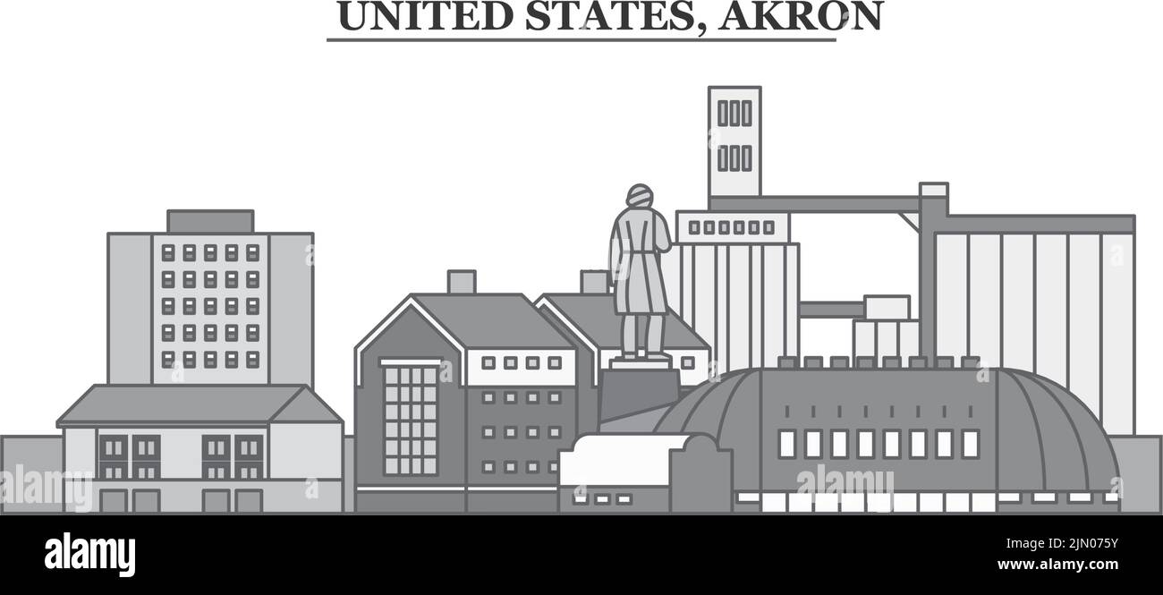 United States, Akron city skyline isolated vector illustration, icons Stock Vector