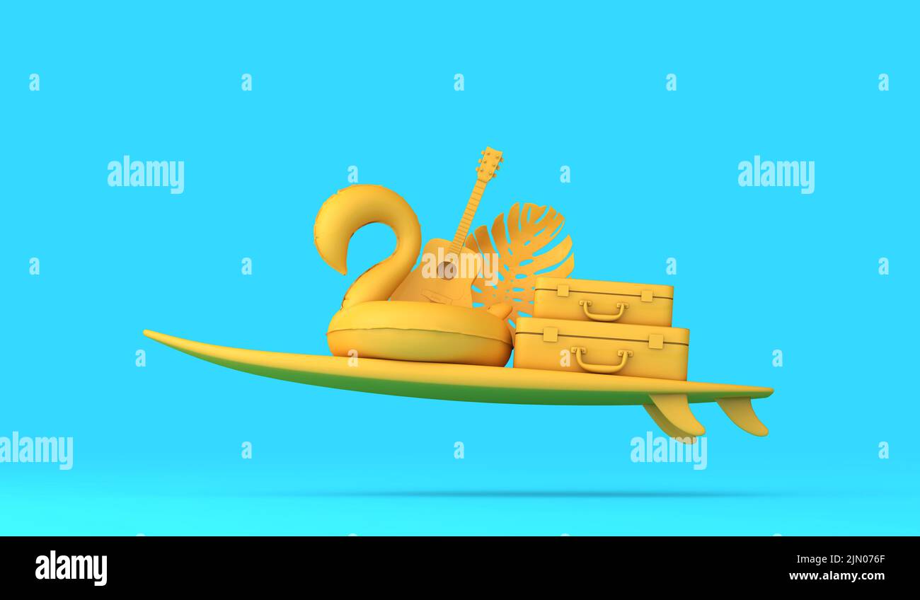 Summer holiday background. Surfboard with vacation suitcase and flamingo pool float. 3D Rendering Stock Photo