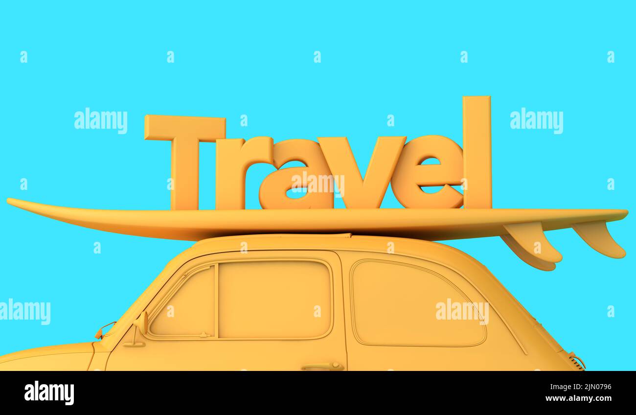 Vintage retro car with a surfboard on the roof and the word Travel. Road trip vacation background. 3D Rendering Stock Photo