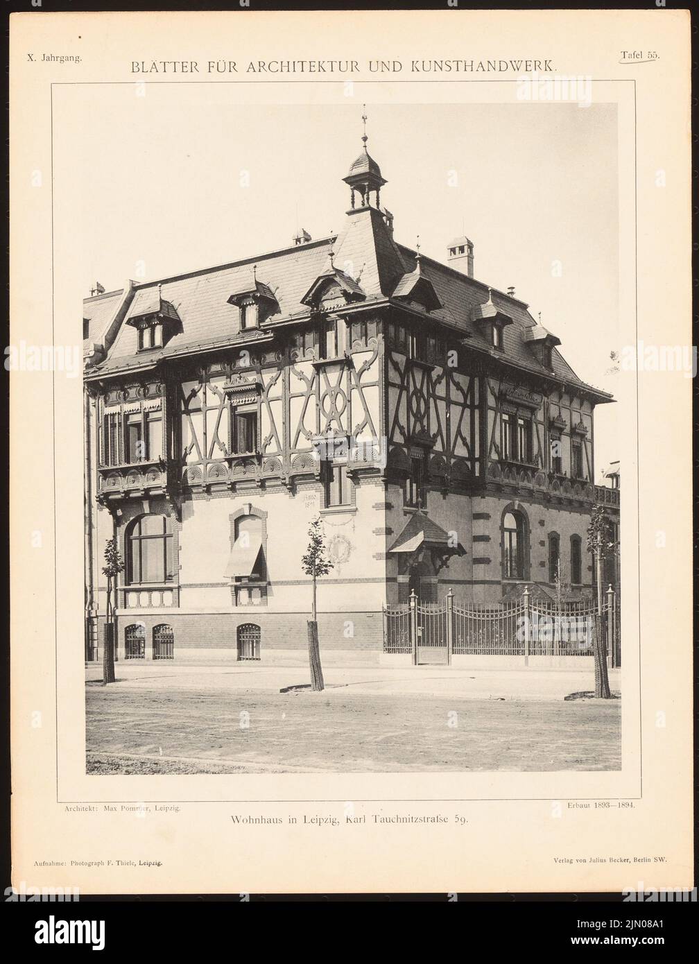 Pommer E. Max, Karl-Tauchnitz-Straße residential building, Leipzig. (From: leaves for architecture and handicrafts, 10th year, 1897, Tafel 55.) (1897-1897): View. Light pressure on paper, 34.9 x 27 cm (including scan edges) Pommer Emil Max  (1847-1915): Wohnhaus Karl-Tauchnitz-Straße 59, Leipzig. (Aus: Blätter für Architektur und Kunsthandwerk, 10. Jg., 1897, Tafel 55) Stock Photo