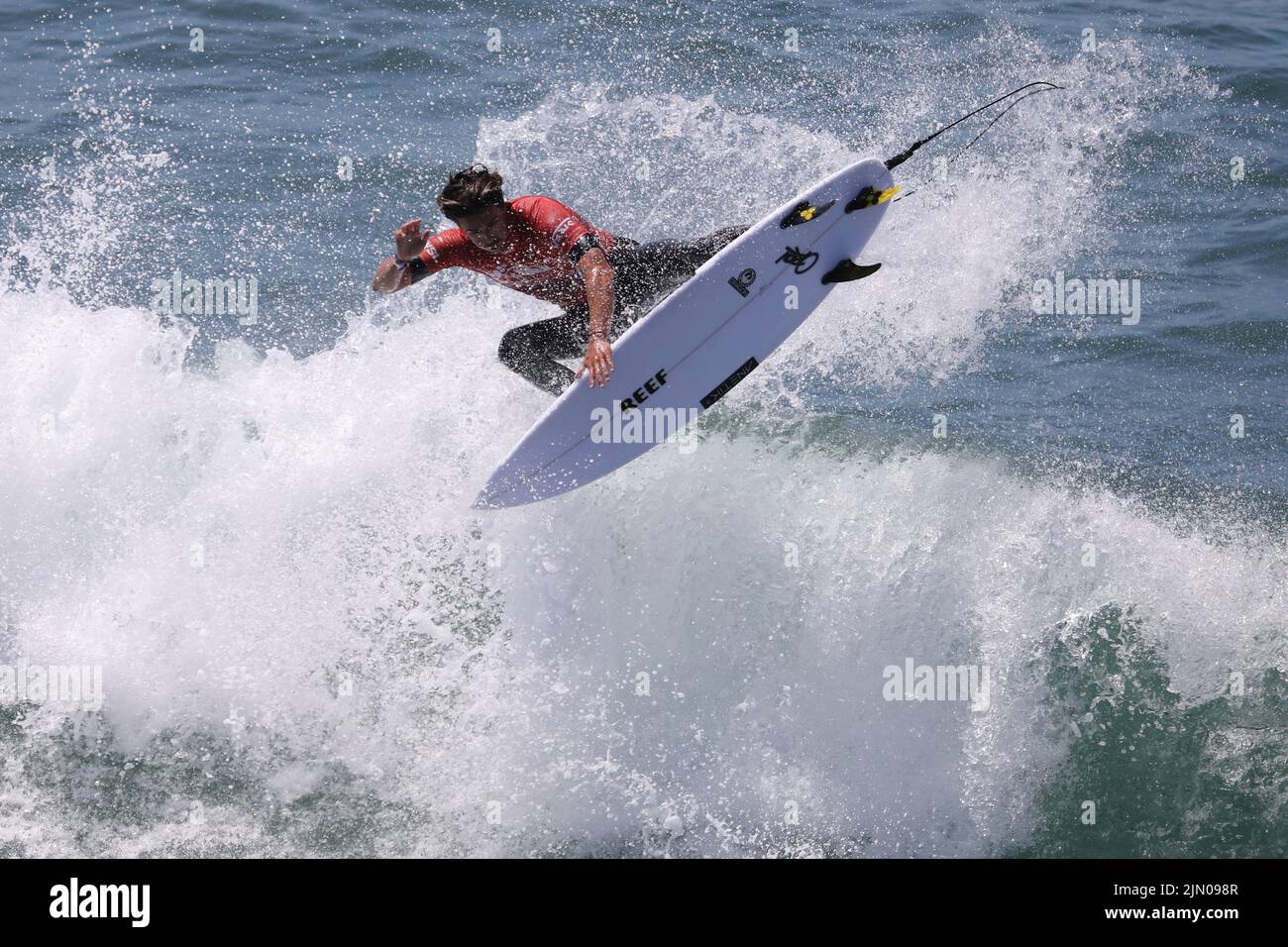 Huntington Beach. 8th Aug, 2022. A surfer is seen during the competition of the Vans US Open of Surfing at Huntington Beach, California, the United States on Aug. 7, 2022. Credit: Xinhua/Alamy Live News Stock Photo