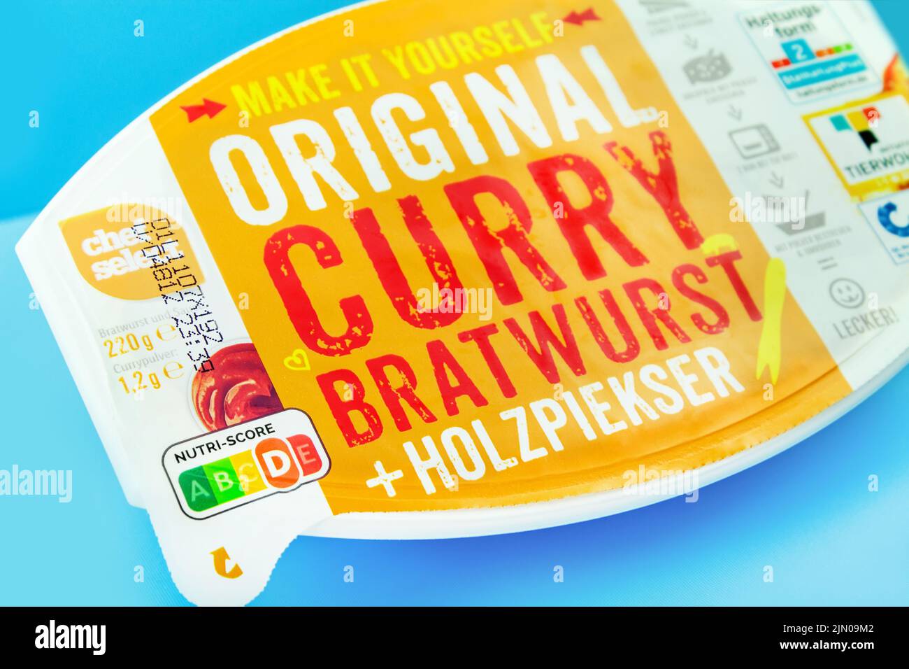 Hamburg, Germany -  August 4  2022:  German Ready Meal Curry Bratwurst Chef Select and Nutri-Score Stock Photo