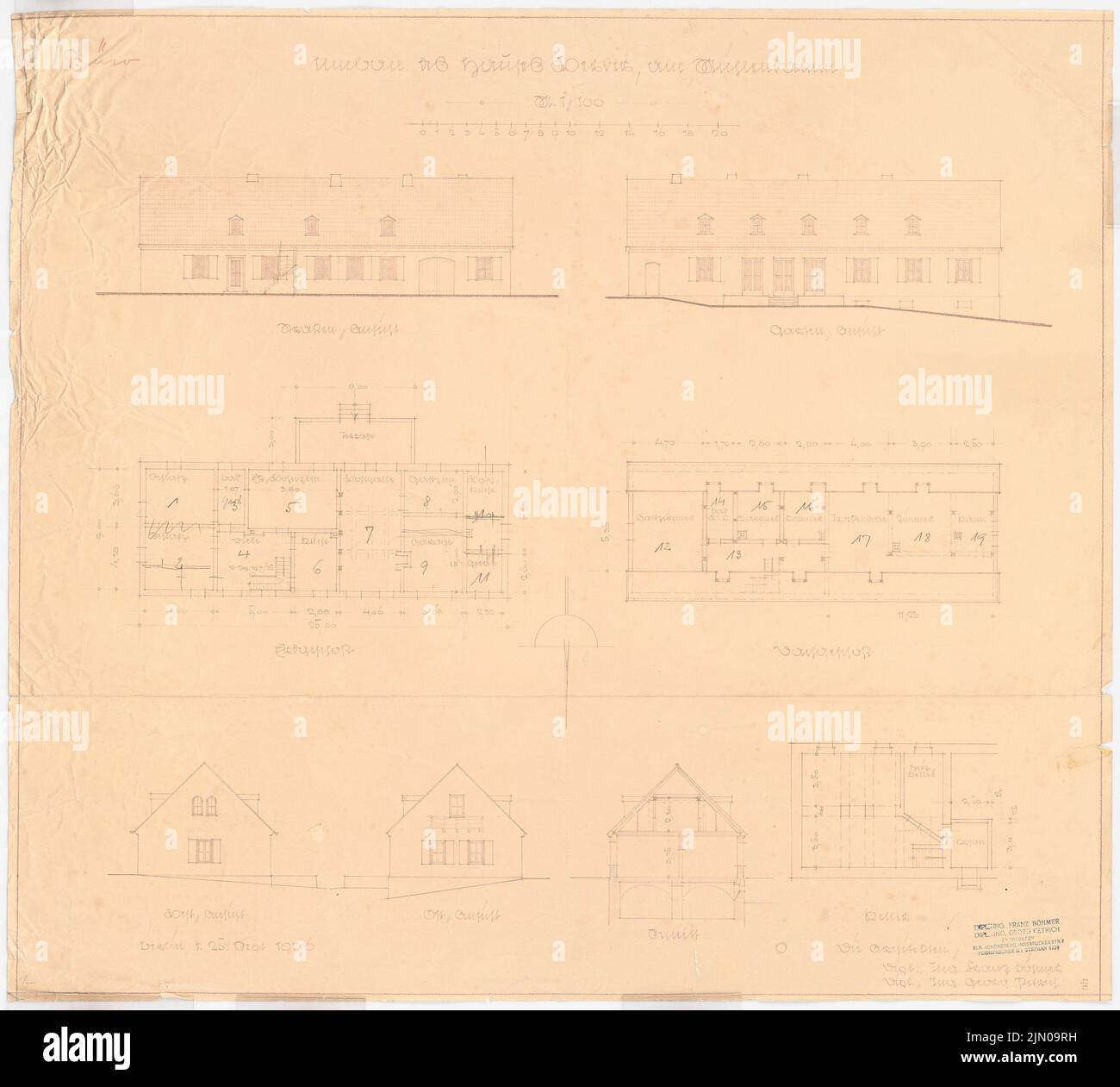 Böhmer Franz (1907-1943), Haus Werder am Mühlendamm. Conversion (September 25, 1936): Floor plan Earth and attic, views, cuts 1: 100. Pencil over light break on paper, 67.9 x 75.4 cm (including scan edges) Böhmer & Petrich : Haus Werder Am Mühlendamm. Umbau Stock Photo