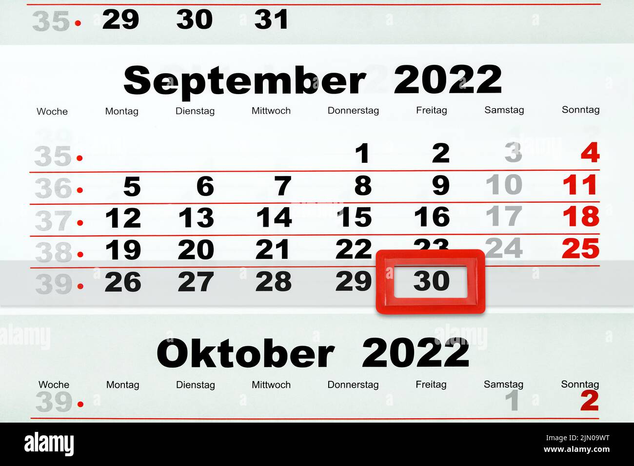German calendar 2022 September 30  and October Stock Photo