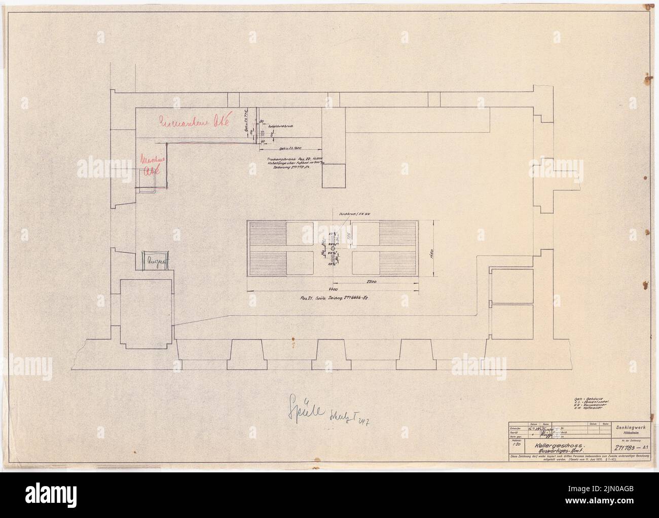 Böhmer Franz (1907-1943), Foreign Office in Berlin-Mitte (July 14, 1939): Floor plan of the sink KG 1:20. Pencil, colored pencil over light break on paper, 60.2 x 84 cm (including scan edges) Böhmer & Petrich : Auswärtiges Amt, Berlin-Mitte. Umbau Stock Photo