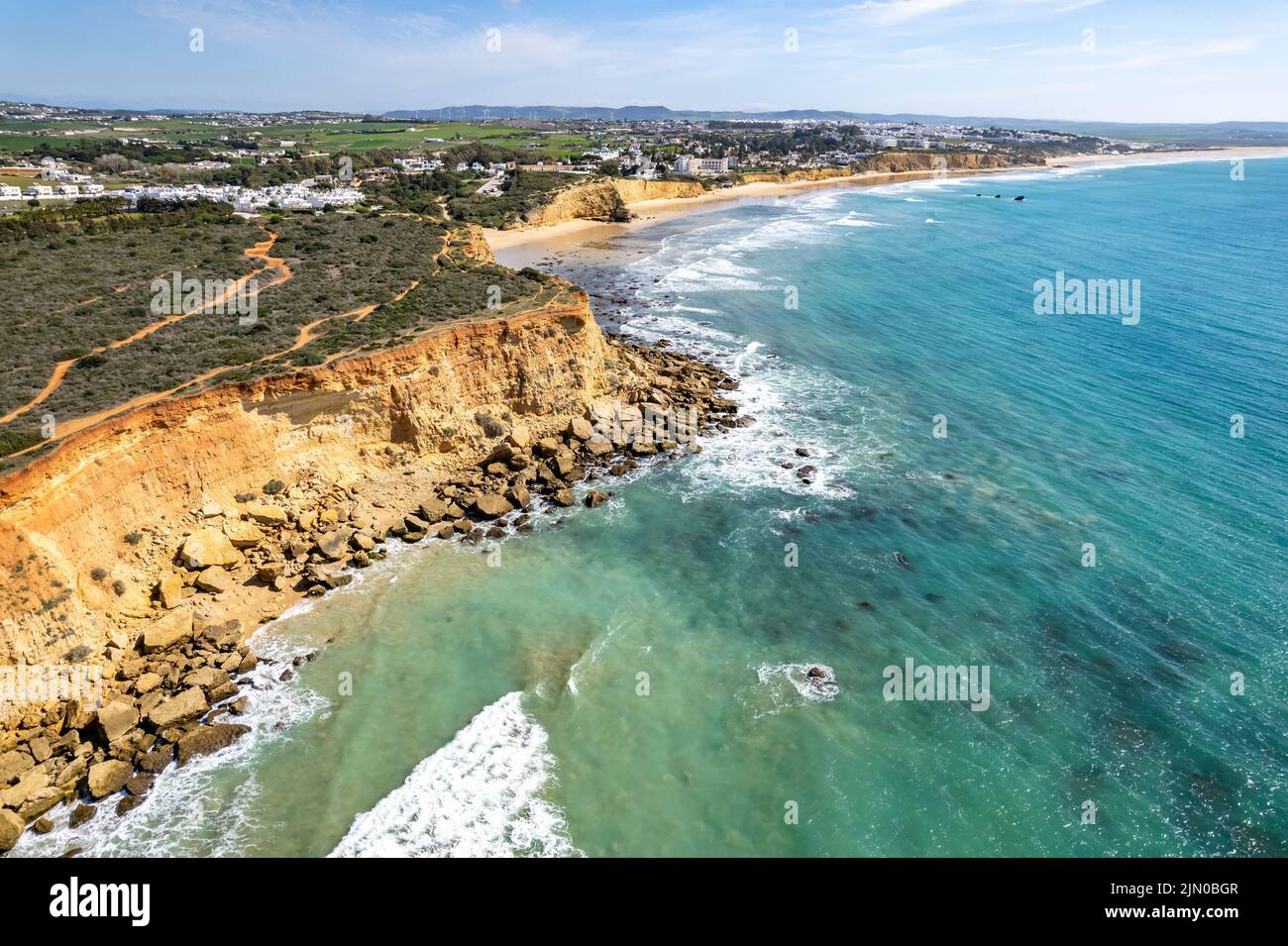 Blick über die Steilküste mit Strandbuchten Calas de Conil, Conil de la Frontera,  Costa de la Luz, Andalusien, Spanien  |  View over the steep coast Stock Photo