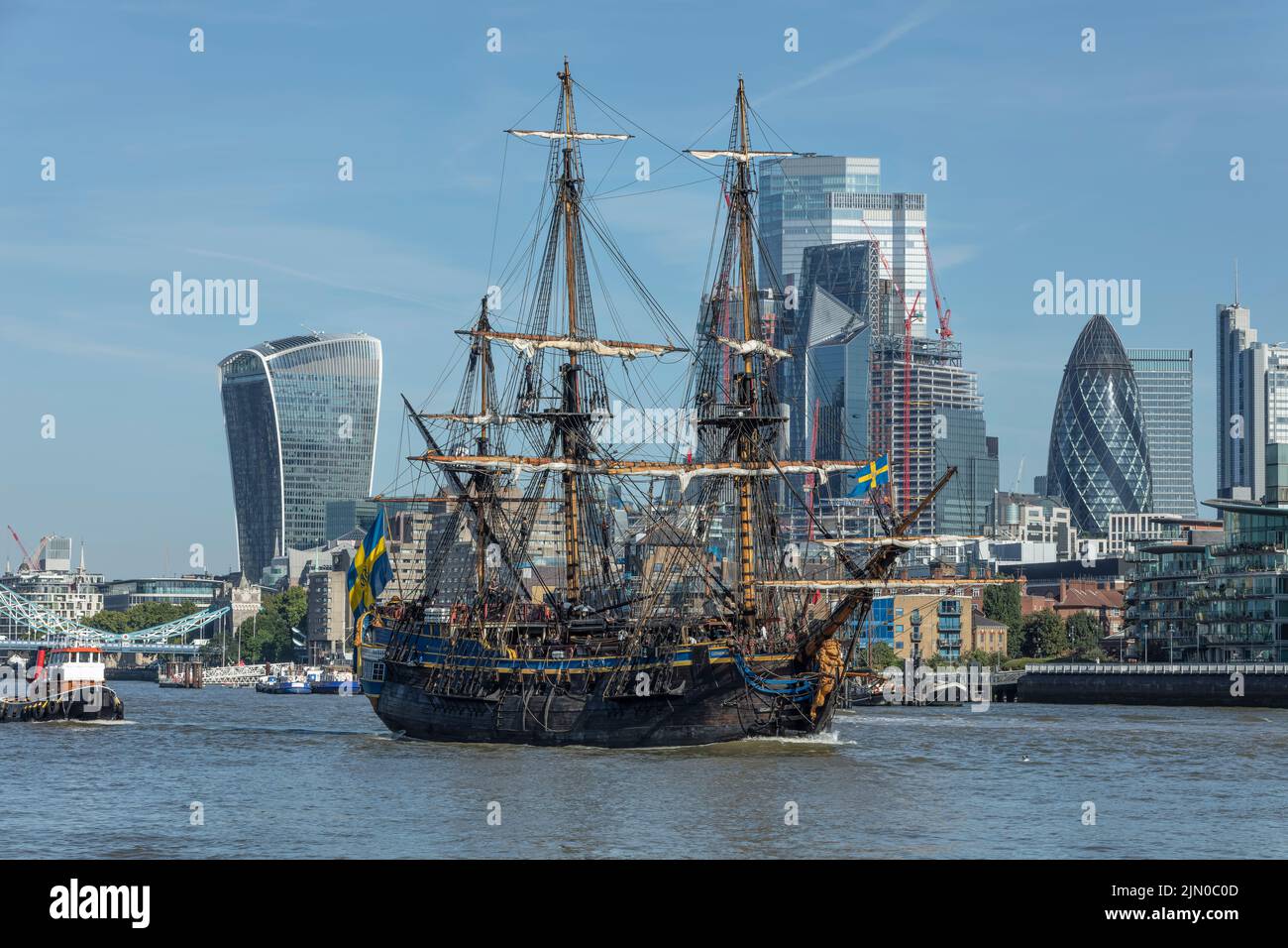 Swedish wooden tall ship Gotheborg on the River Thames near the City of London Stock Photo