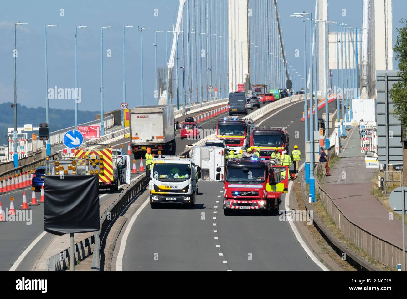 Bristol, UK. 8th Aug, 2022. A caravan has overturned on the eastbound