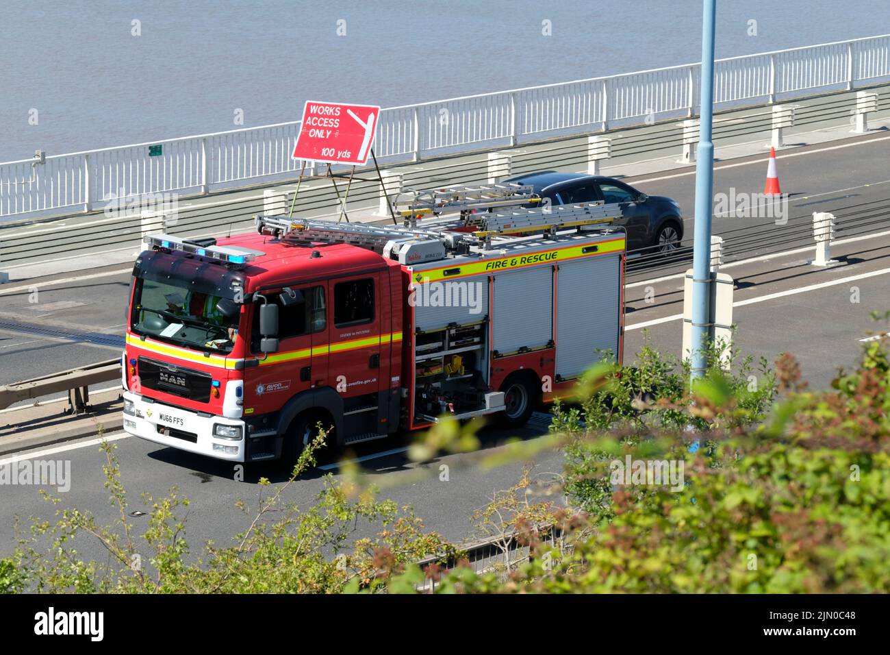 Bristol, UK. 8th Aug, 2022. A caravan has overturned on the eastbound carriageway of the M48 by the old Severn Bridge. Emergency services are in attendance and the carriageway is closed. Credit: JMF News/Alamy Live News Stock Photo