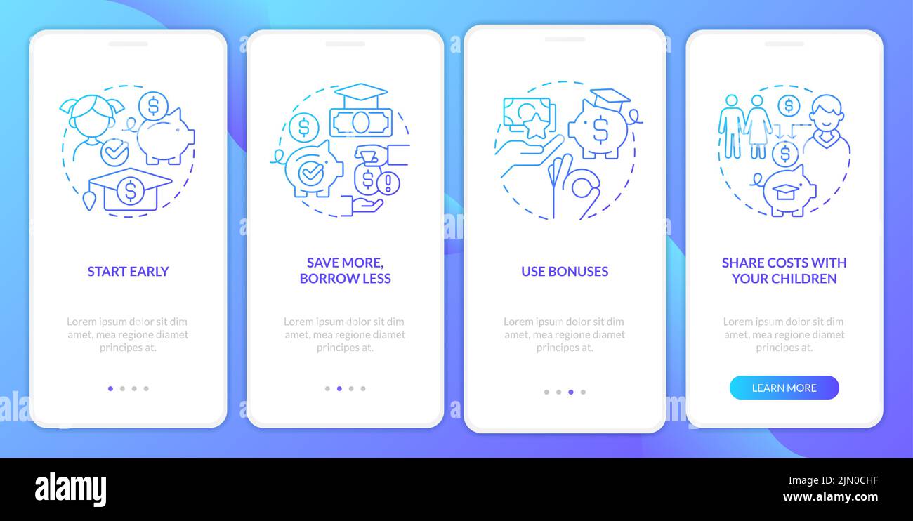 Tips for saving for college blue gradient onboarding mobile app screen Stock Vector