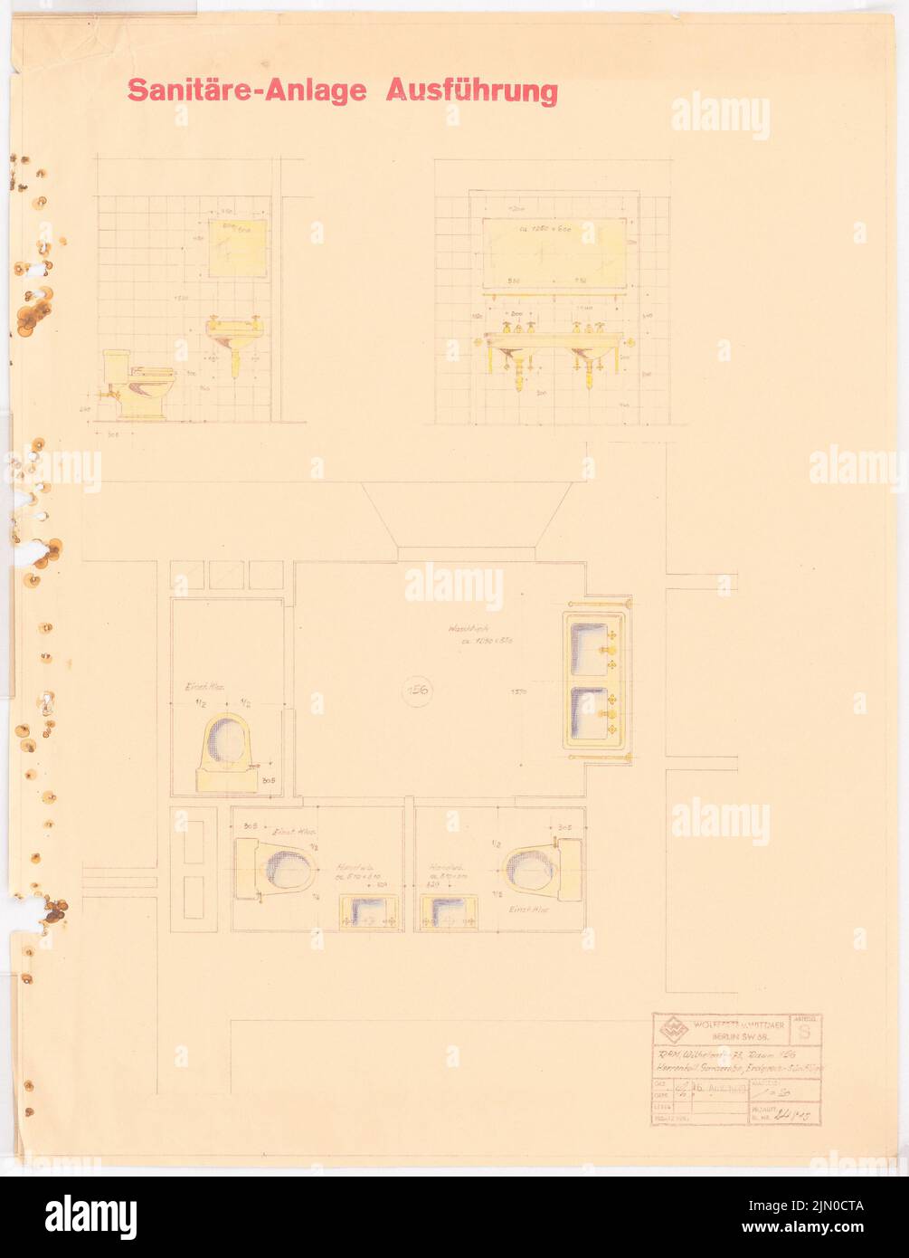 Böhmer Franz (1907-1943), official apartment of the Reich Foreign Minister Joachim von Ribbentrop in Berlin-Mitte (16.08.1939): Sanitary facility on the ground floor south wing: floor plan, views 1:20. Colored pencil over a break on paper, 51.6 x 39.9 cm (including scan edges) Böhmer & Petrich : Dienstwohnung des Reichsaußenministers Joachim von Ribbentrop, Berlin-Mitte. Umbau Stock Photo