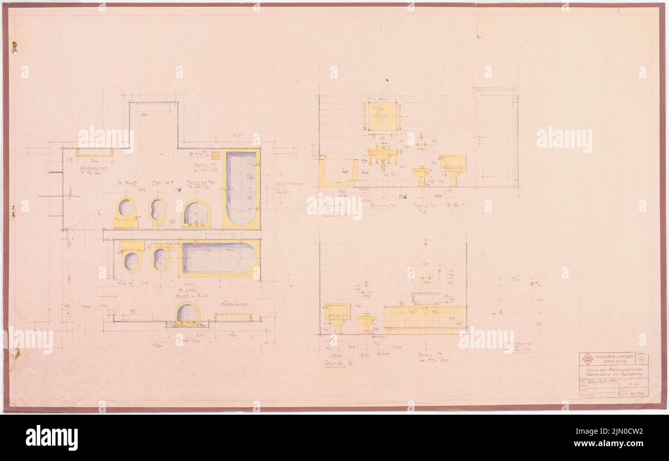 Böhmer Franz (1907-1943), official apartment of the Reich Foreign Minister Joachim von Ribbentrop in Berlin-Mitte (June 13, 1939): Sanitary facility, guest baths on the intermediate floor: floor plan, views 1:20. Colored pencil over a break on paper, 44.7 x 72.1 cm (including scan edges) Böhmer & Petrich : Dienstwohnung des Reichsaußenministers Joachim von Ribbentrop, Berlin-Mitte. Umbau Stock Photo