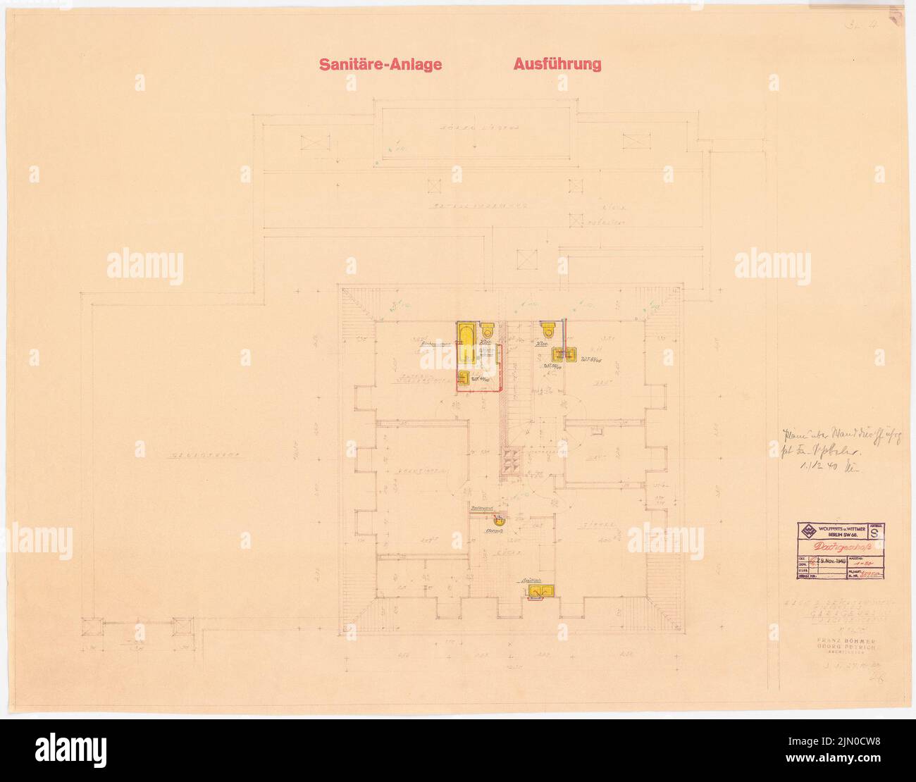 Böhmer Franz (1907-1943), official apartment of the Reich Foreign Minister Joachim von Ribbentrop in Berlin-Mitte (November 29, 1940): Sanitary facility in the attic: floor plan 1:50. Pencil, colored pencil over a break on paper, 61.9 x 78.8 cm (including scan edges) Böhmer & Petrich : Dienstwohnung des Reichsaußenministers Joachim von Ribbentrop, Berlin-Mitte. Umbau Stock Photo