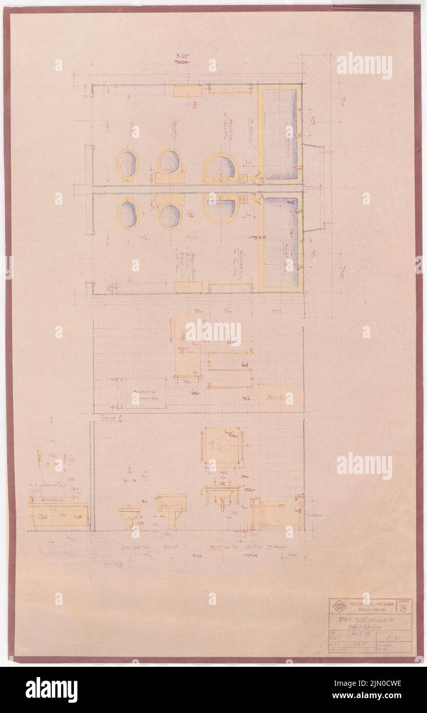 Böhmer Franz (1907-1943), official apartment of the Reich Foreign Minister Joachim von Ribbentrop in Berlin-Mitte (May 24, 1939): Sanitary facility, guest baths: floor plan, views 1:20. Colored pencil over a break on paper, 59.6 x 38.2 cm (including scan edges) Böhmer & Petrich : Dienstwohnung des Reichsaußenministers Joachim von Ribbentrop, Berlin-Mitte. Umbau Stock Photo