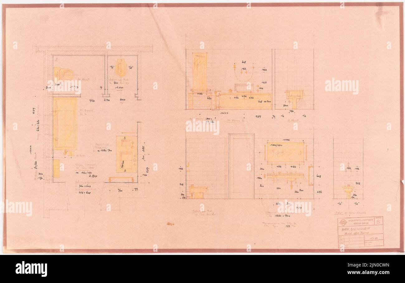 Böhmer Franz (1907-1943), official apartment of the Reich Foreign Minister Joachim von Ribbentrop in Berlin-Mitte (1941-1941): Sanitary facility, bathroom of the lady: floor plan, views 1:20. Ink, colored pencil over a break on paper, 41.8 x 66.5 cm (including scan edges) Böhmer & Petrich : Dienstwohnung des Reichsaußenministers Joachim von Ribbentrop, Berlin-Mitte. Umbau Stock Photo