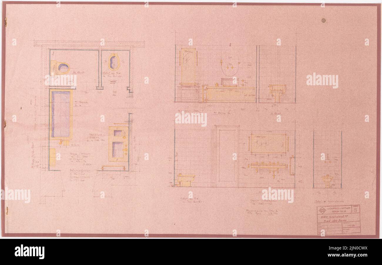 Böhmer Franz (1907-1943), official apartment of the Reich Foreign Minister Joachim von Ribbentrop in Berlin-Mitte (1941-1941): Sanitary facility, bathroom of the lady: floor plan, views 1:20. Colored pencil over a break on paper, 41.5 x 66.3 cm (including scan edges) Böhmer & Petrich : Dienstwohnung des Reichsaußenministers Joachim von Ribbentrop, Berlin-Mitte. Umbau Stock Photo