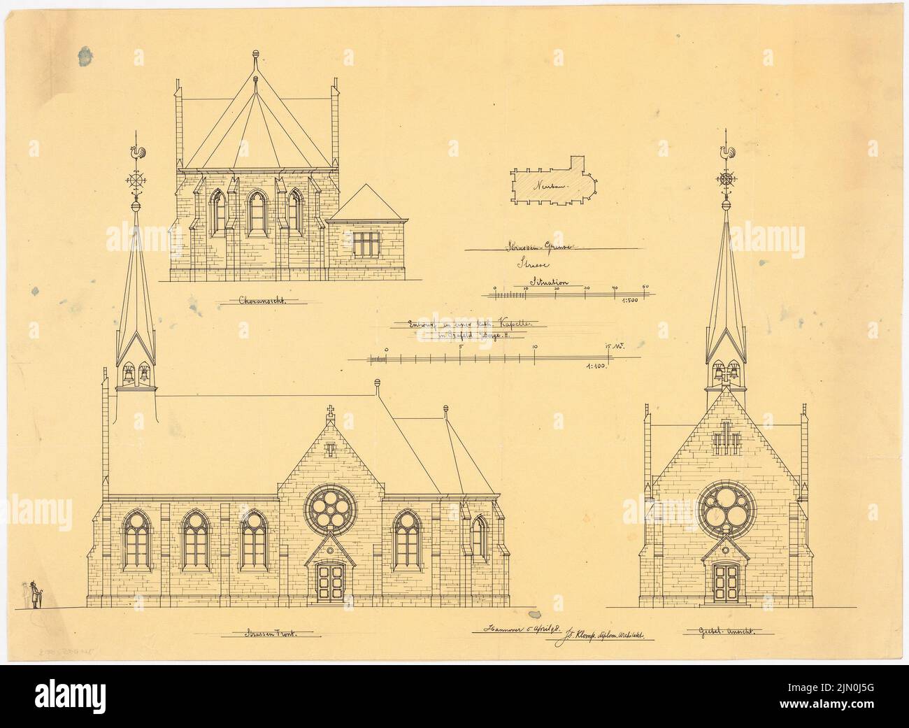 Klomp Johannes Franziskus (1865-1946), Herz-Jesu-Kirche, Grafeld (05.04.1898): Situation plan 1: 500, choir view, view of the street front (south) and gable view 1: 100. Ink on transparent, 44.8 x 61.3 cm (including scan edges) Klomp Johannes Franziskus  (1865-1946): Herz-Jesu-Kirche, Grafeld Stock Photo