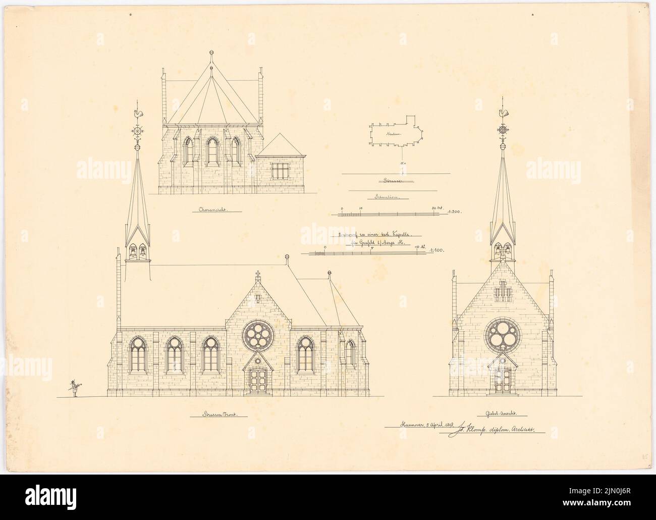 Klomp Johannes Franziskus (1865-1946), Herz-Jesu-Kirche, Grafeld (05.04.1898): Situation plan 1: 500, choir view, view of the street front (south) and gable view 1: 100. Ink on cardboard, 51.5 x 71.2 cm (including scan edges) Klomp Johannes Franziskus  (1865-1946): Herz-Jesu-Kirche, Grafeld Stock Photo