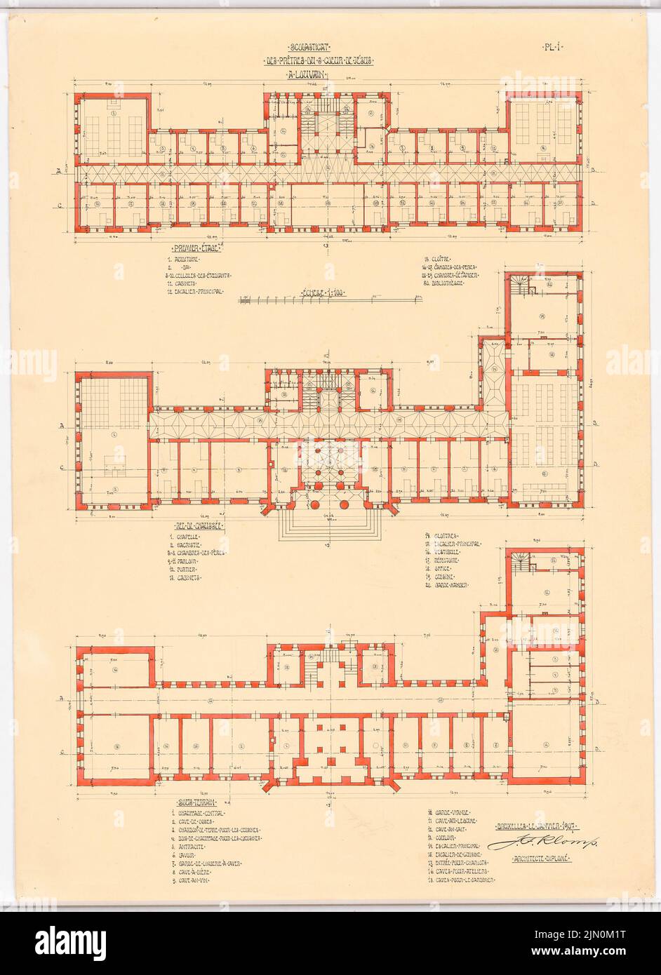 Klomp Johannes Franziskus (1865-1946), Herz-Jesu-Kloster, Leuven (01.1907): floor plans of the upper, earth and basement 1: 100. Ink, pencil watercolor on the box, 103.9 x 75.4 cm (including scan edges) Klomp Johannes Franziskus  (1865-1946): Herz-Jesu-Kloster, Leuven Stock Photo