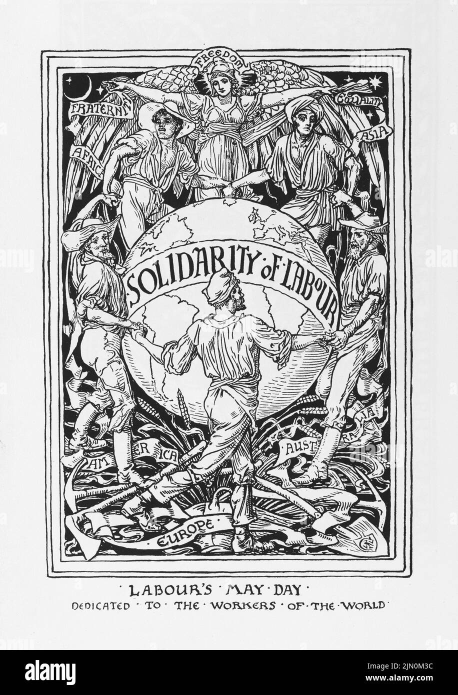 Solidarity of Labour, Labour's May Day. Illustration by Walter Crane from Cartoons for the Cause 1886-1896, International Socialist Workers. Stock Photo