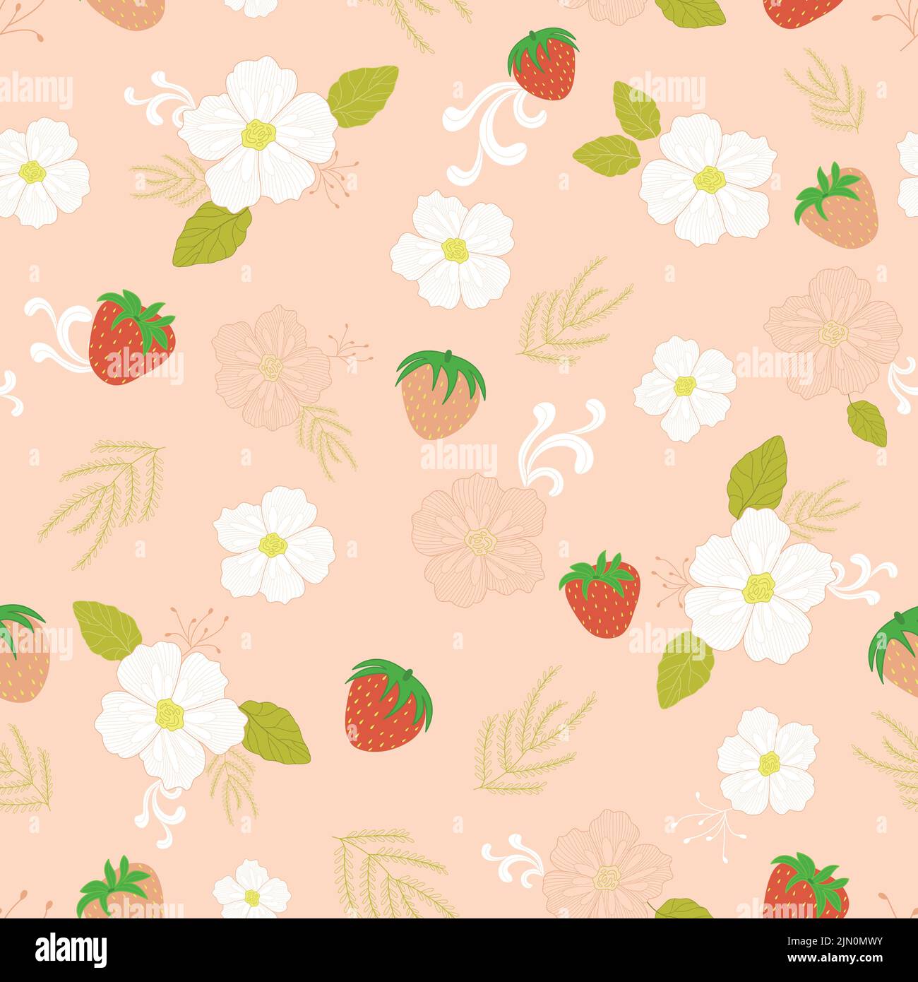Cute vector strawberries and white flowers field seamless repeating pattern background Stock Vector