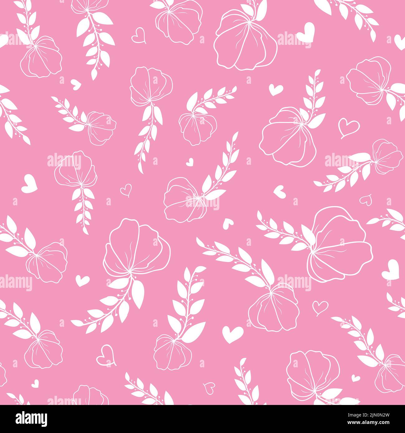 Vector pink flowers leaves with hearts delicate seamless pattern background Stock Vector