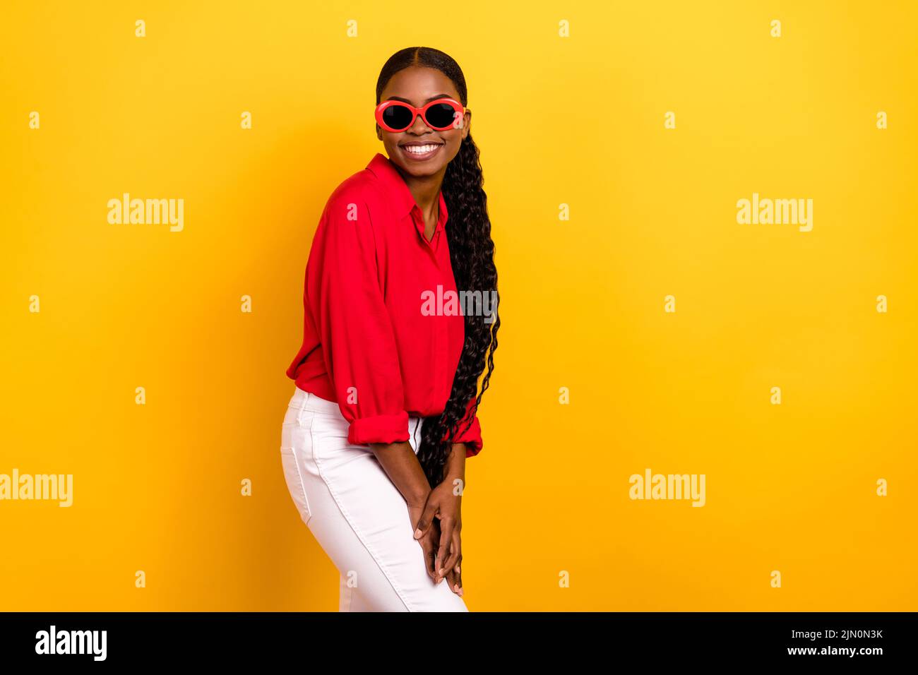 Profile side photo of young lovely girl eyewear agent representative isolated over yellow color background Stock Photo