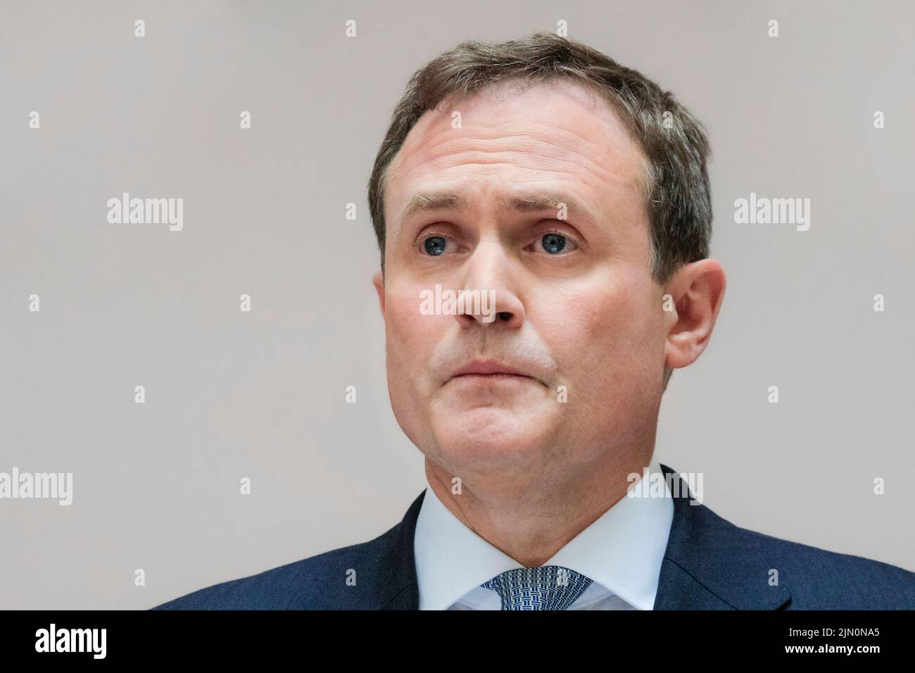 Tom Tugendhat, MP, British Conservative Party politician, leadership candidate, close up face on neutral background Stock Photo