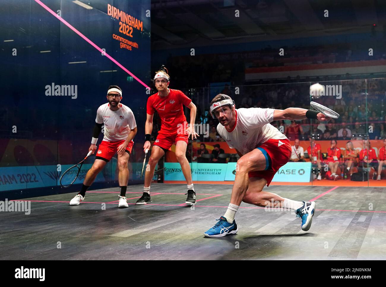 England's Adrian Waller in action with Daryl Selby in the Men's Squash Doubles Gold medal match against England's James Willstrop and Declan James at the University of Birmingham Hockey and Squash Centre on day eleven of the 2022 Commonwealth Games in Birmingham. Picture date: Monday August 8, 2022. Stock Photo