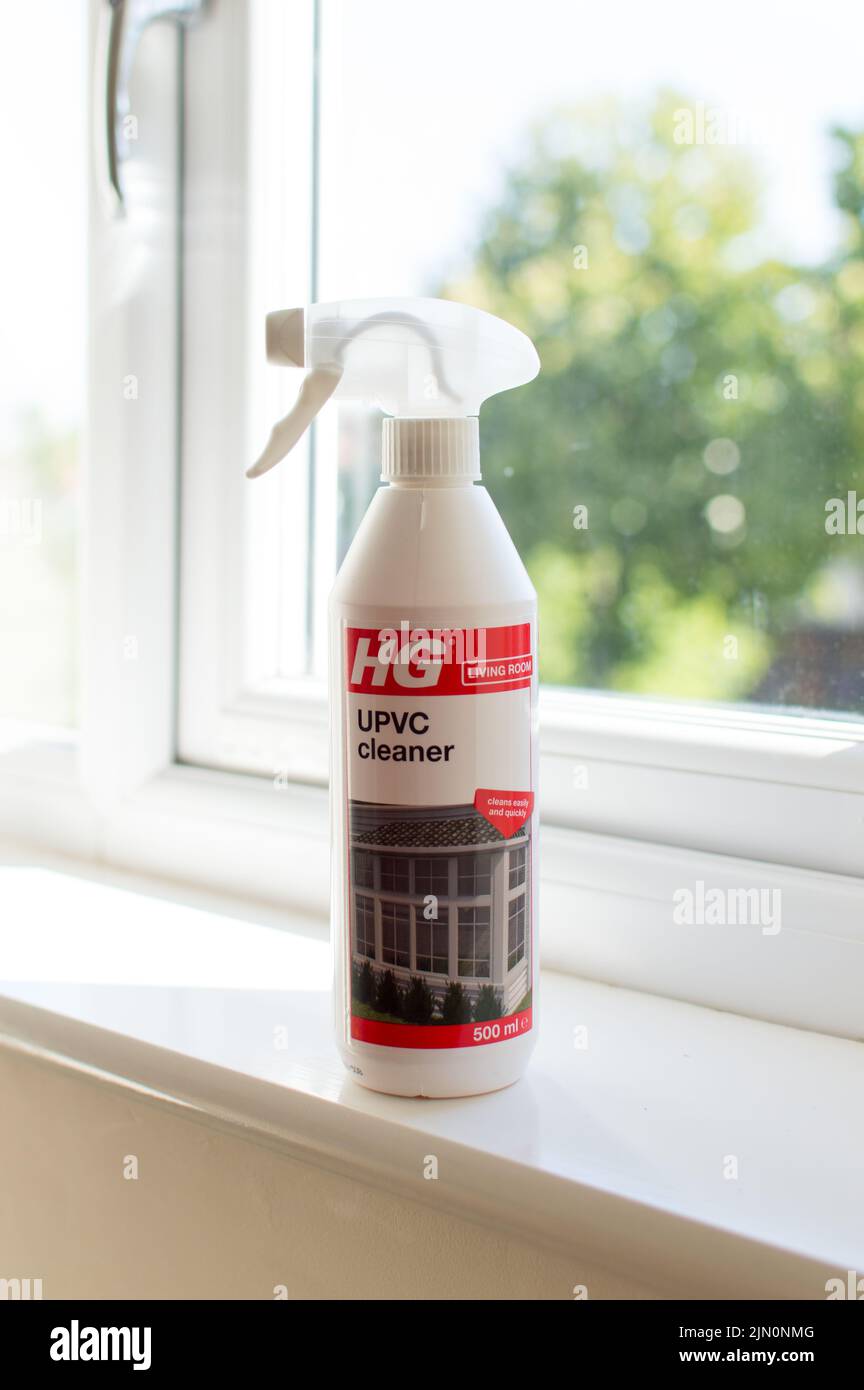 UPVC cleaning product on a window sill Stock Photo