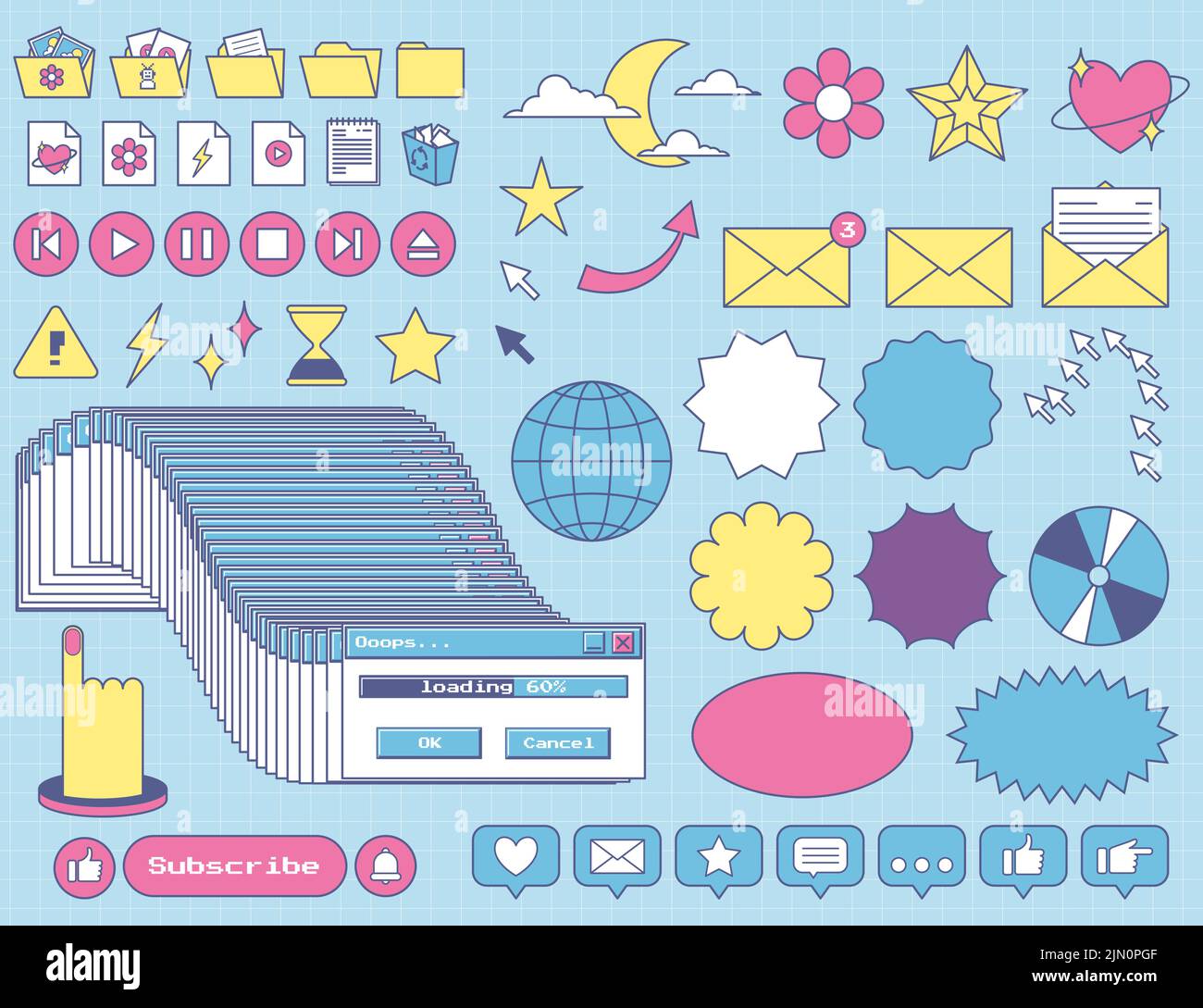 Set of retro computer ui nostalgic elements and stickers. Old PC 90s user interface icons with an outline. Frozen window, loading, buttons, folders, a Stock Vector