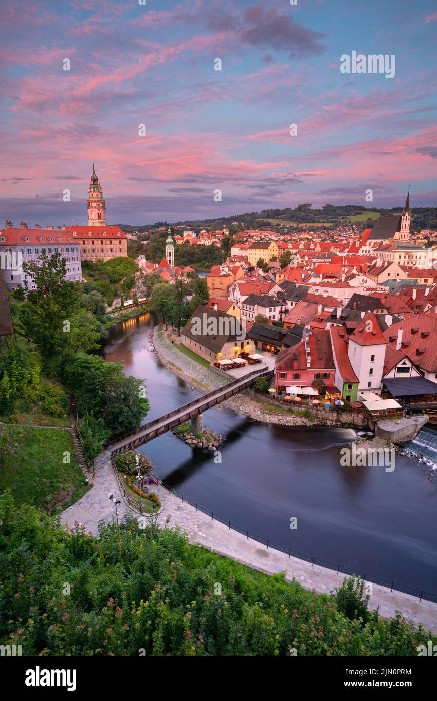 Cesky Krumlov. Aerial cityscape image of Cesky Krumlov, Czech Republic during summer sunset. Stock Photo