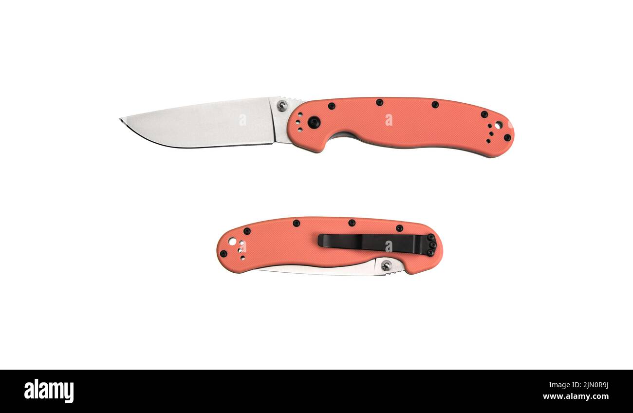 Pocket folding knife isolate on white background. Compact metal sharp knife with a folding blade. Stock Photo