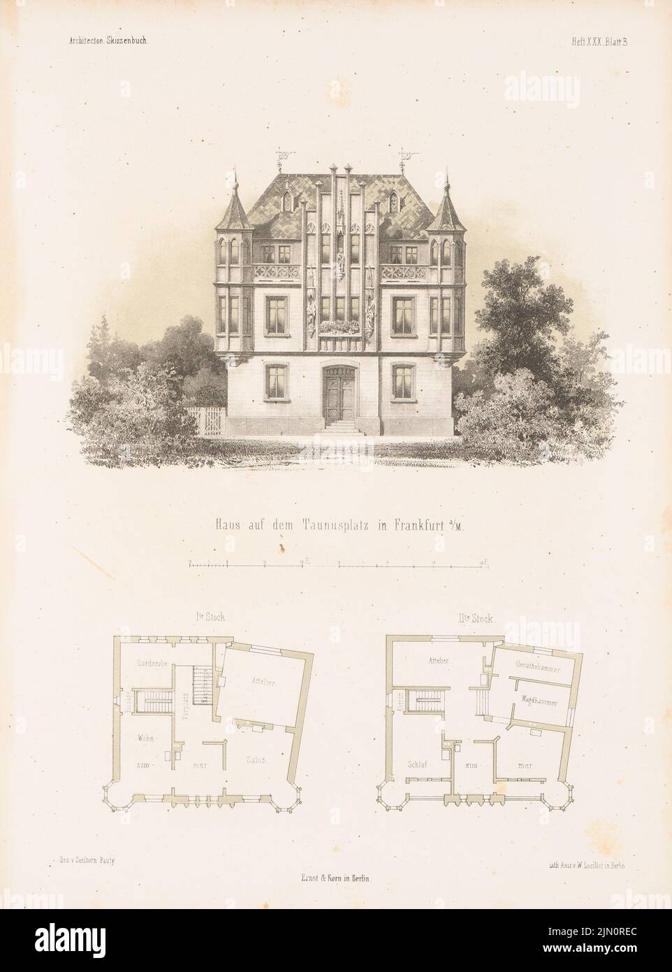 N.N., House on Taunus-Platz, Frankfurt/Main. (From: Architectural sketchbook, H. 30, 1857.) (1857-1857): floor plans, view. Lithography colored on paper, 66 x 48.9 cm (including scan edges) N.N. : Haus auf dem Taunus-Platz, Frankfurt/Main. (Aus: Architektonisches Skizzenbuch, H. 30, 1857) Stock Photo