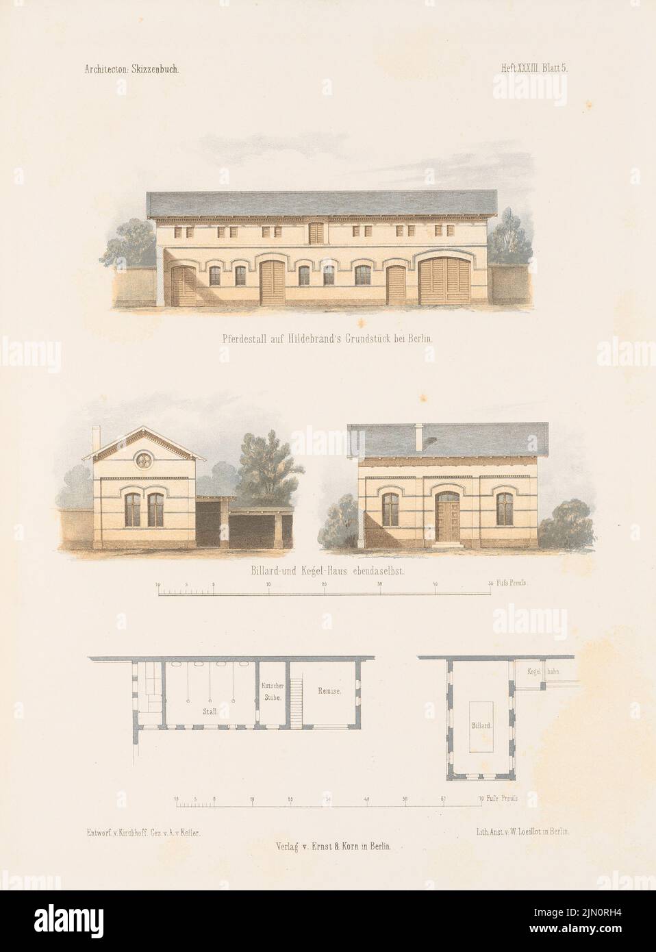 Kirchhoff Wilhelm (1861-1888), horse stable on Hildebrandt's property, Schönhausen. Billard and bowling house on Hildebrandt's property, Schönhausen. (From: Architectural sketches (1857-1857): floor plan, view stable, floor plan, view, side view of bowling track. Lithography colored on paper, 66.2 x 48.8 cm (incl. Scan edges) Kirchhoff Wilhelm  (1861-1888): Pferdestall auf Hildebrandts Grundstück, Berlin. Billard- und Kegelhaus auf Hildebrandts Grundstück, Berlin. (Aus: Architektonisches Skizzenbuch, H. 33, 1857) Stock Photo