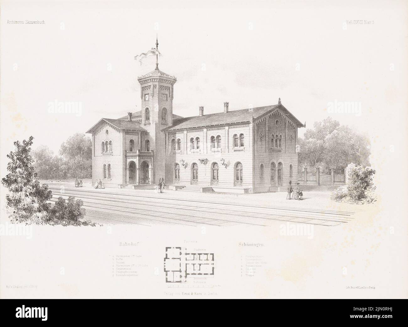 Ebeling, train station, Schöningen. (From: Architectural sketchbook, H. 38, 1858.) (1858-1858): floor plan, perspective view. Lithograph on paper, 24.5 x 33.4 cm (including scan edges) Ebeling A. W. : Bahnhof, Schöningen. (Aus: Architektonisches Skizzenbuch, H. 38, 1858) Stock Photo