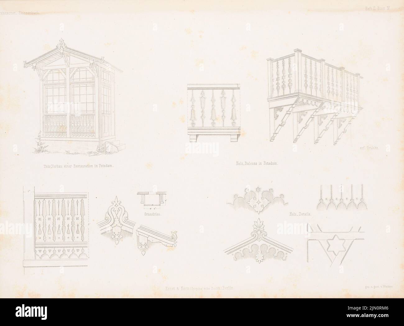 Grubitz, restoration, Potsdam. Wooden balcony, Potsdam. (From: Architectural sketchbook, H. 2, 1852.) (1852-1852): Perspective views, details. Stitch on paper, 24.4 x 33 cm (including scan edges) Grubitz : Restauration, Potsdam. Holzbalkone, Potsdam. (Aus: Architektonisches Skizzenbuch, H. 2, 1852) Stock Photo